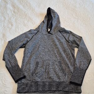 Lucy women's Medium Sweat it Out hooded shirt heather gray, yoga shirt VGUC